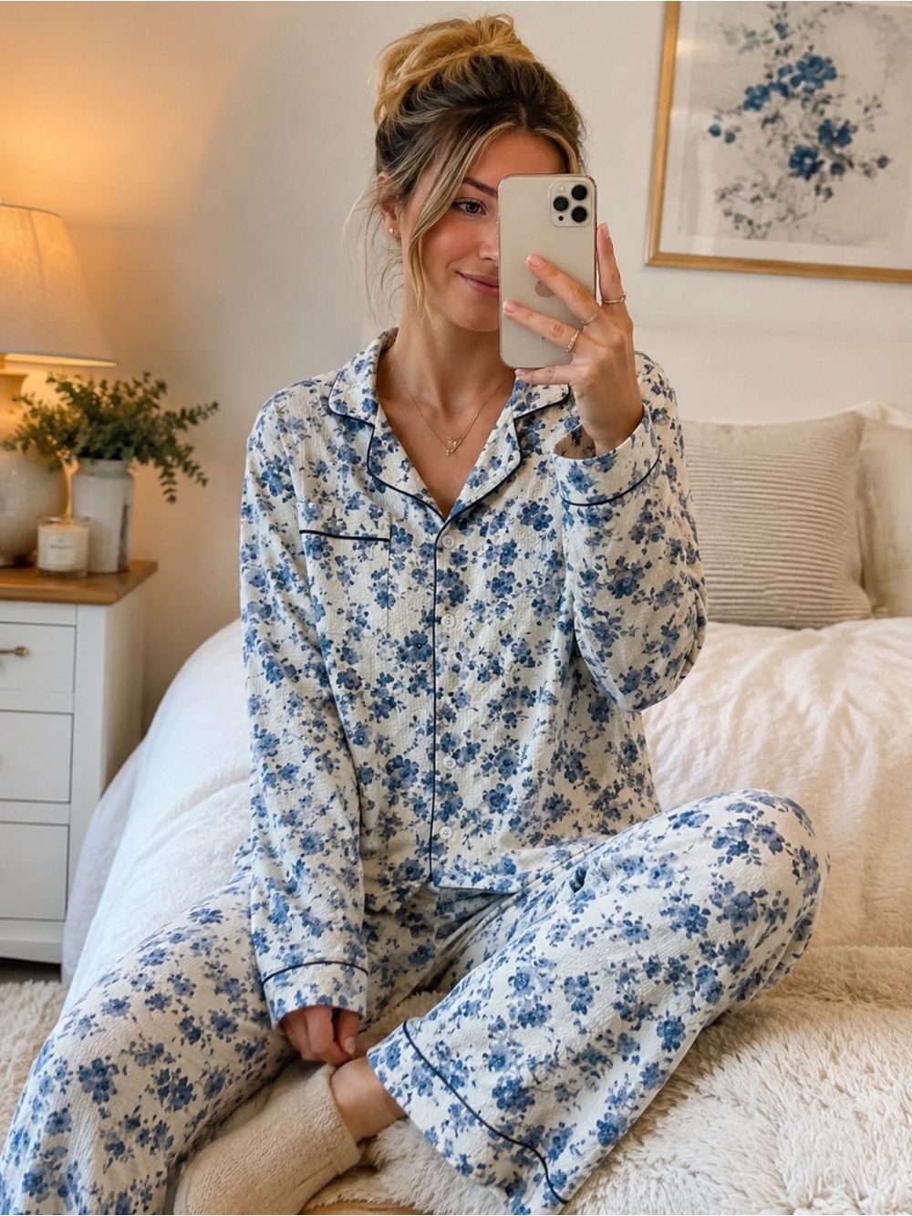 Blue Floral Pajama Set Medium Textured Button Up Lounge Set Cottagecore